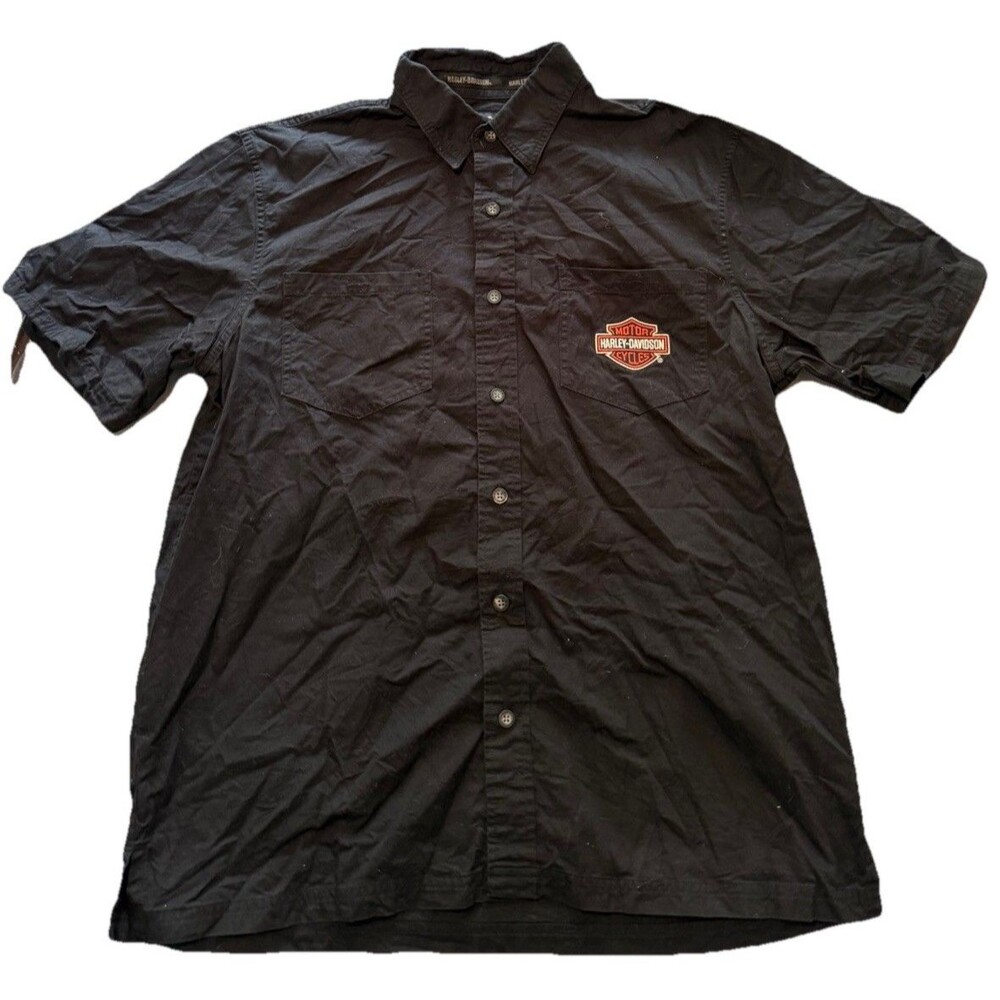 Harley-Davidson Mens L Black Button Up Shirt Short Sleeve Embroidered Flames